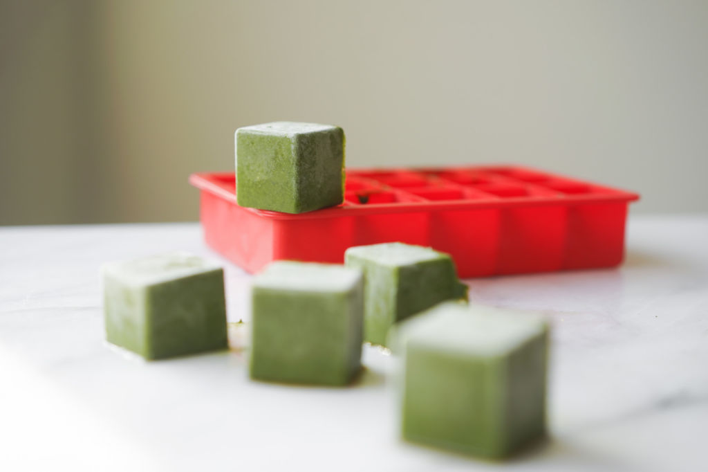 cubes of frozen cilantro, and a silicon mold