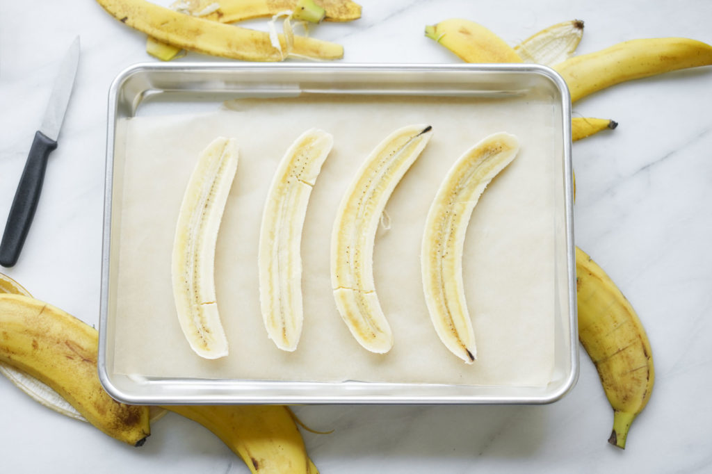 sheet pan with sliced bananas