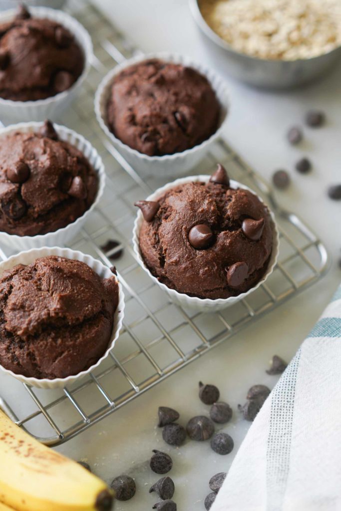chocolate banana protein muffins on cooling rack