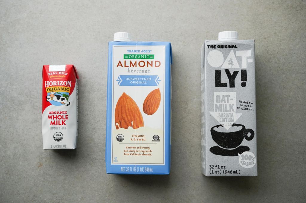 milk, almond milk and oat milk bottles