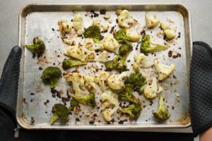 roasted broccoli and cauliflower on sheet pan
