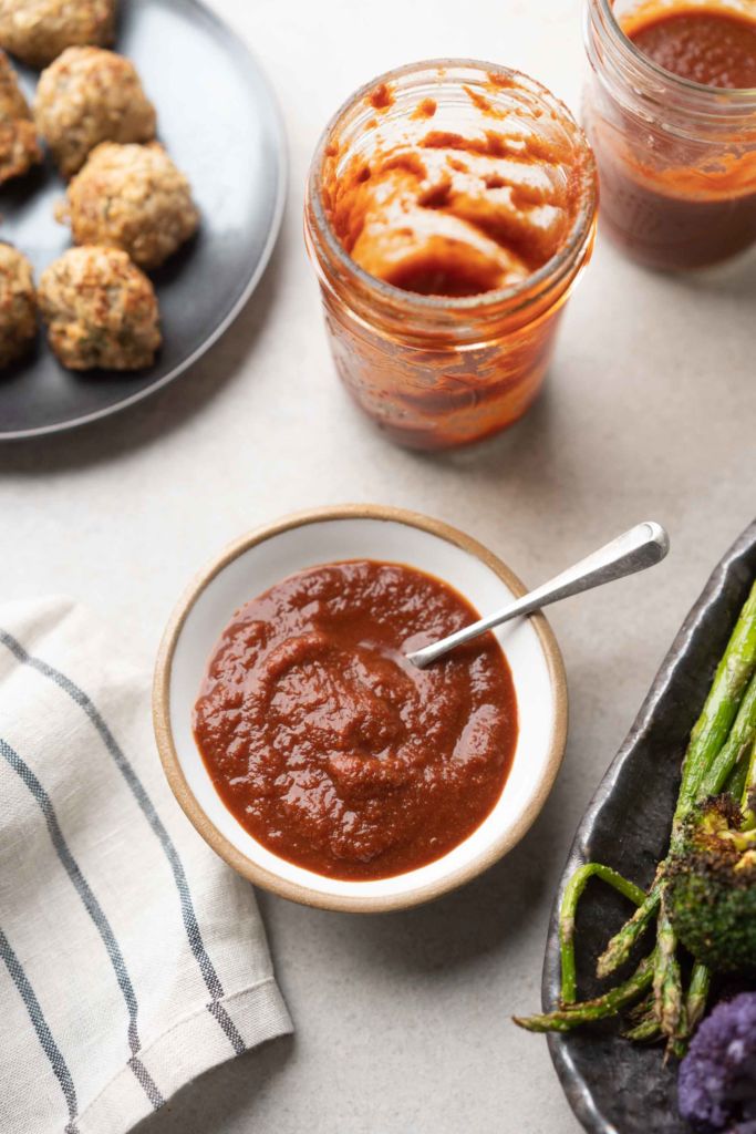 healthy bbq sauce with side dishes, meatballs