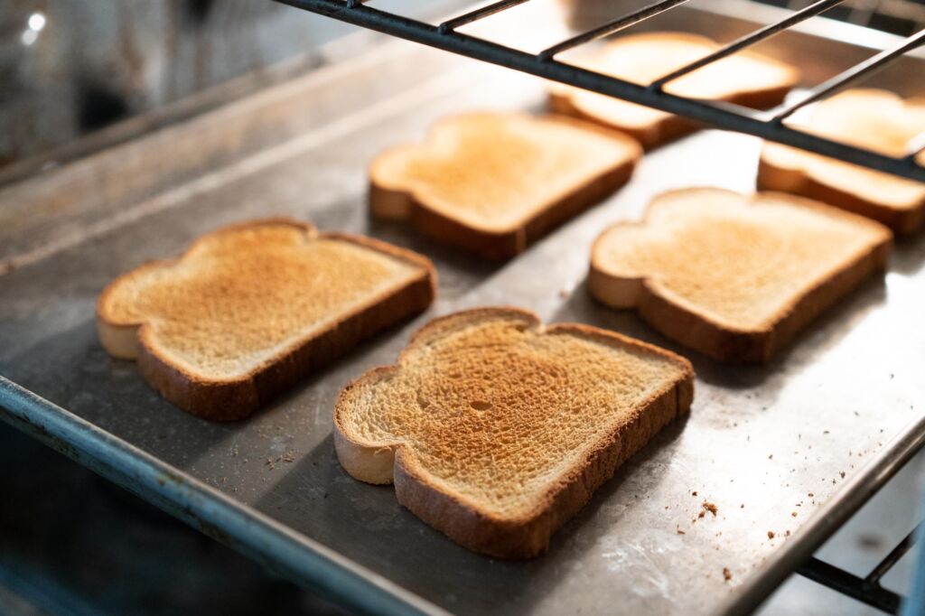 baking toast in an oven