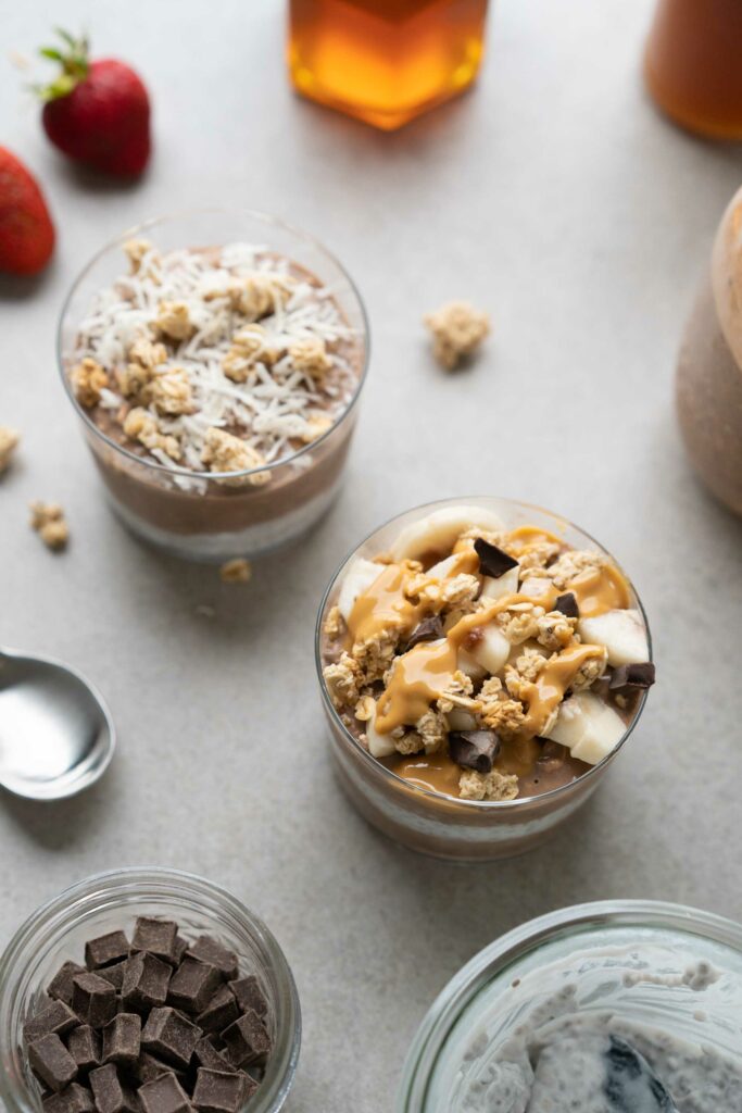 overnight oats with chocolate peanut butter, and coconut granola