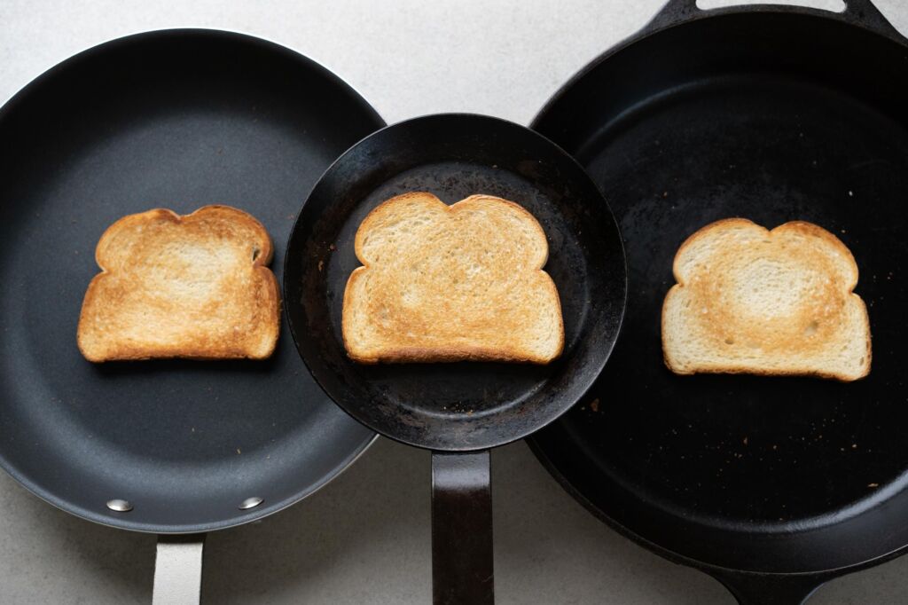 making toast in 3 pans