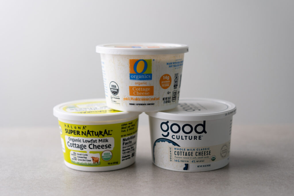 three tubs of cottage cheese