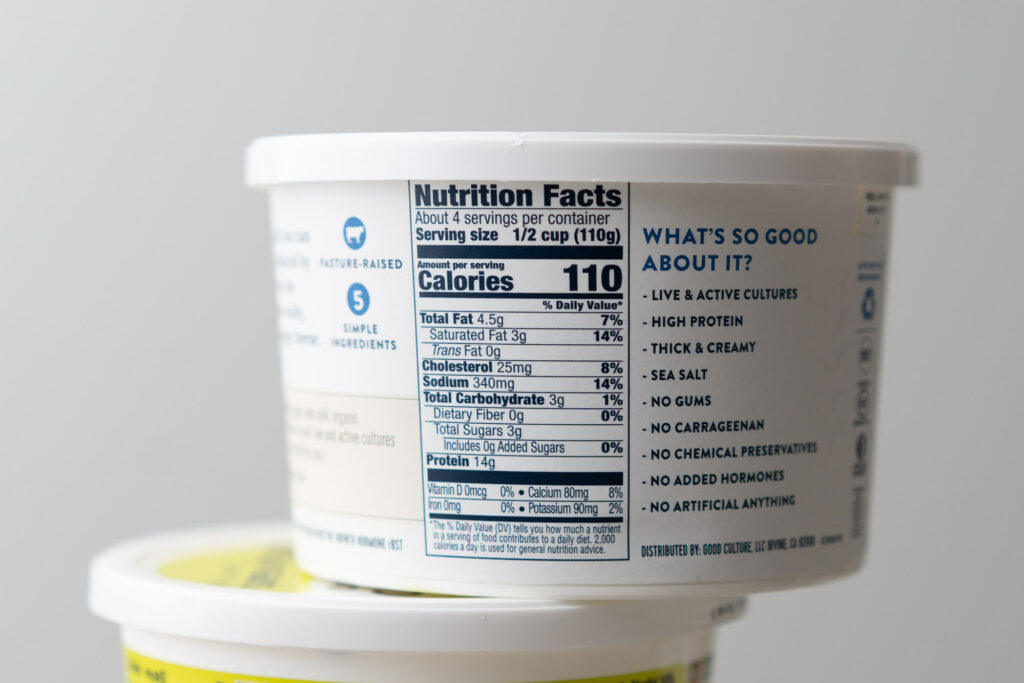 nutrition facts label of a cottage cheese tub