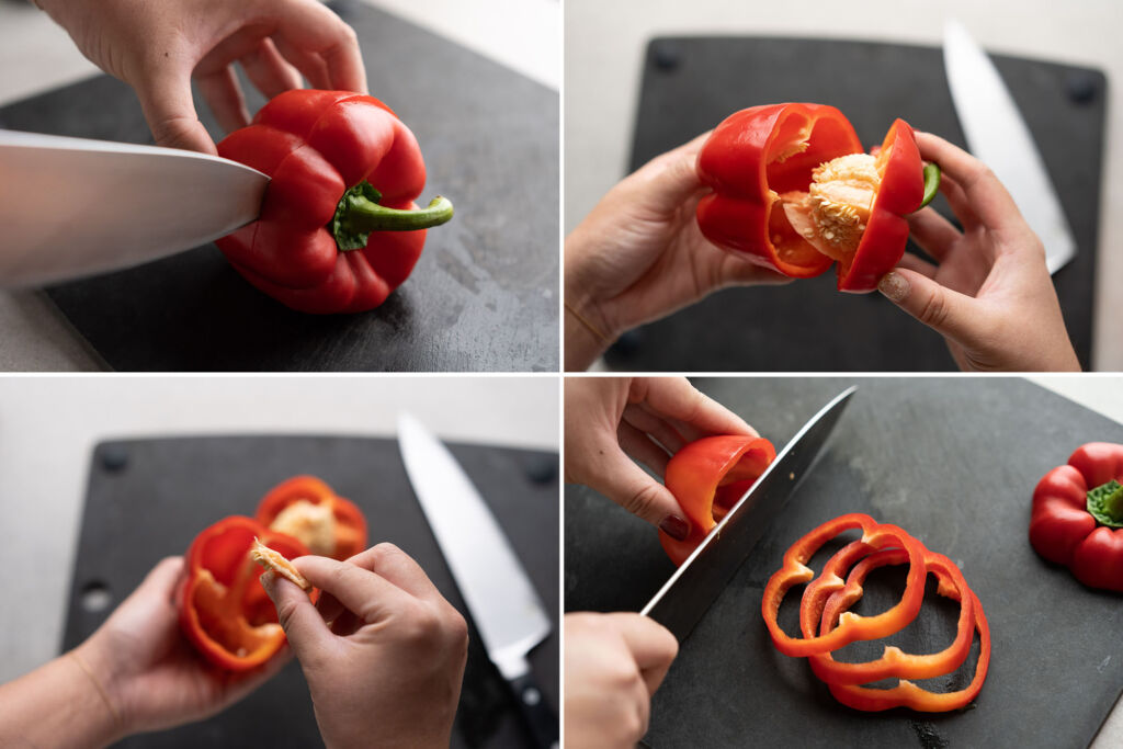 cut bell peppers for stuffing, or into rings