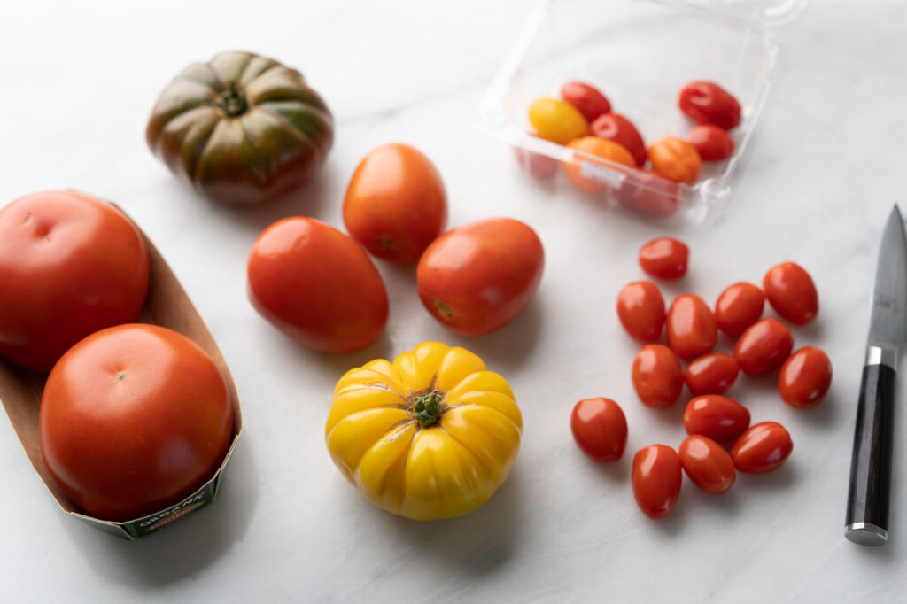 fresh tomatoes: heirloom, cherry, beefsteak, roma