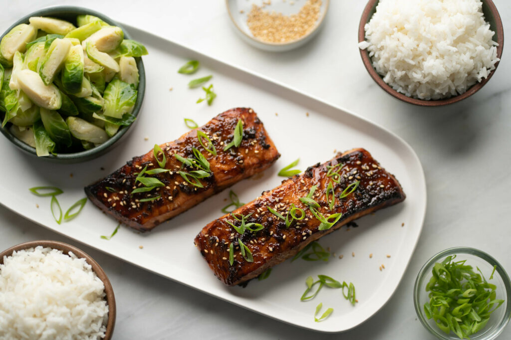air fryer teriyaki salmon with rice and brussels sprouts